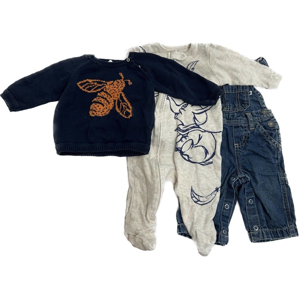 Burt’s Bee’s Bumblebee sweater, Carter’s overalls, Dumbo one piece, sz 3-6 mos